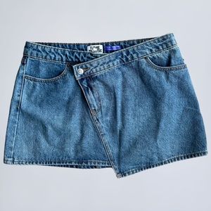 Future Collective Kahlana Barfield Brown Jean Skirt 10 Blue Denim Asymmetrical